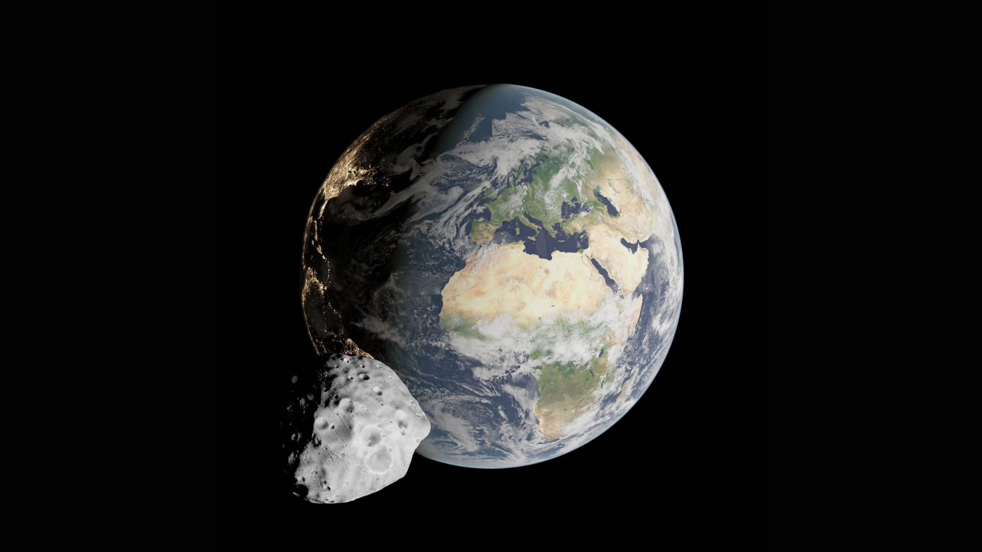 Immagine sintetica dell’incontro ravvicinato dell’asteroide Apophis con la Terra.